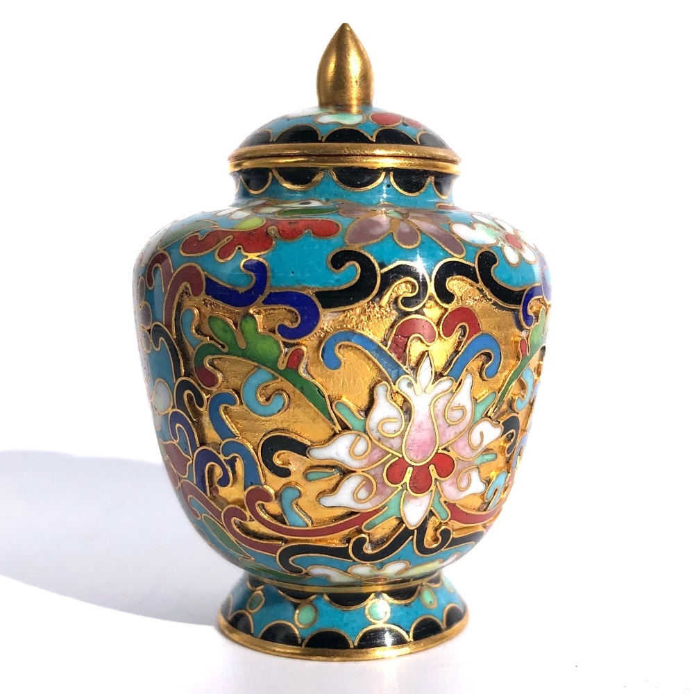 Chinese lotus flower cloisonne ginger jar vase with lid blue gold brass enamel - Picture 4 of 16